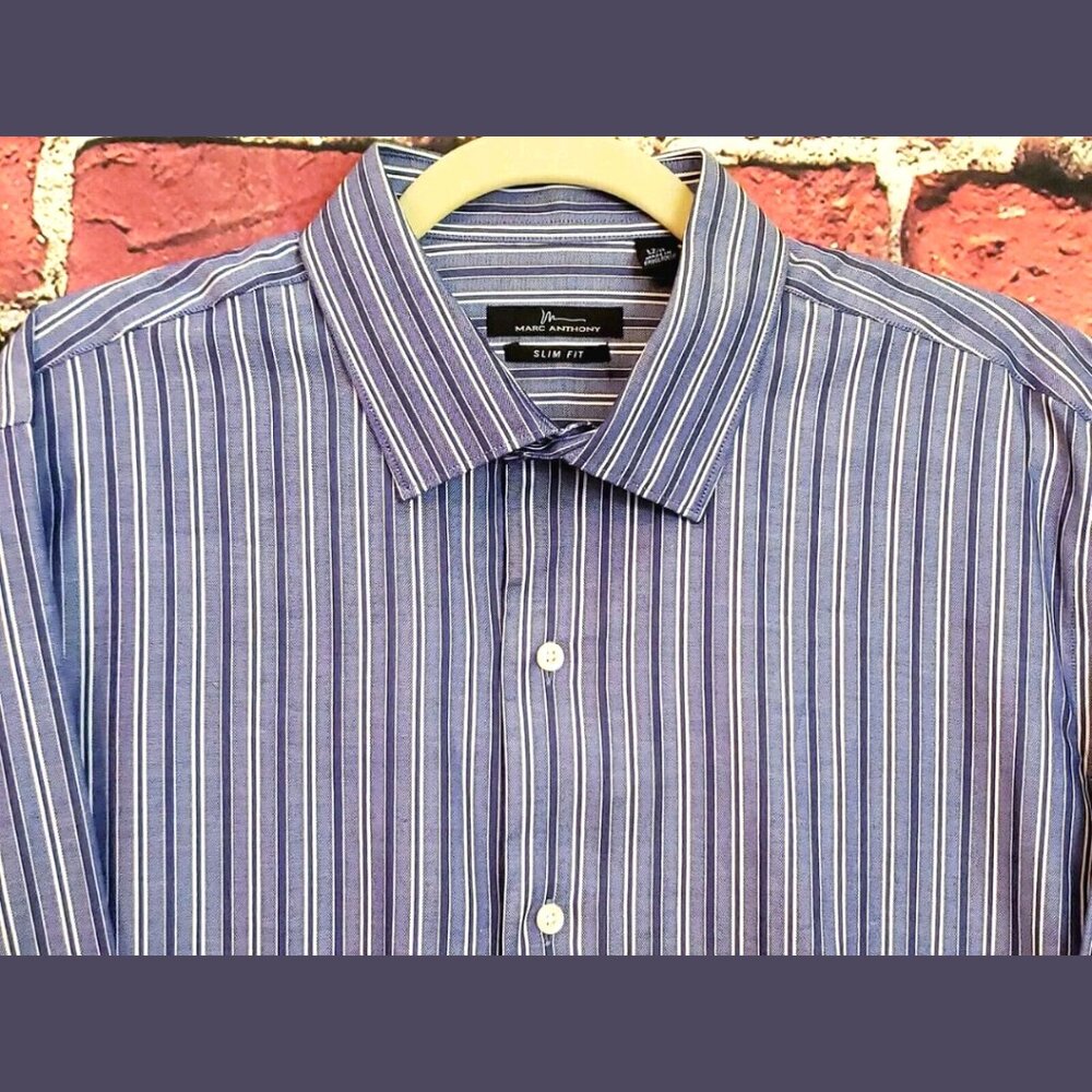 Marc Anthony Slim Fit Button Down Cotton Blue Striped Dress Shirt Mens 17 1/2